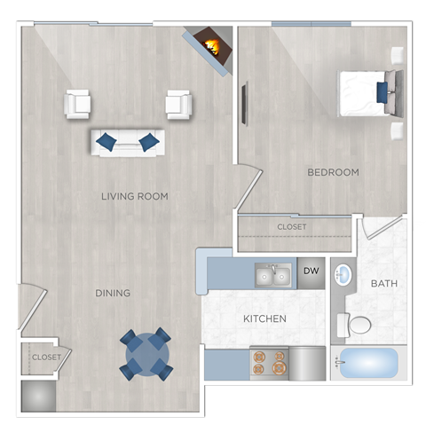 Floor plan for 1 bed, 1 bath, 625 sqft